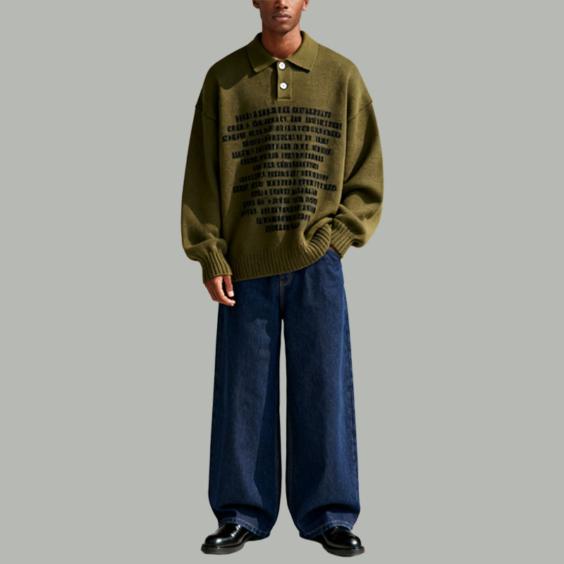 mens-olive-green-polo-sweater-with-black-text-trendy-long-sleeve-knit