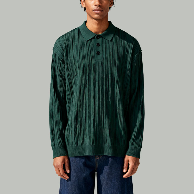 mens-dark-green-textured-polo-shirt-long-sleeve-knit-top